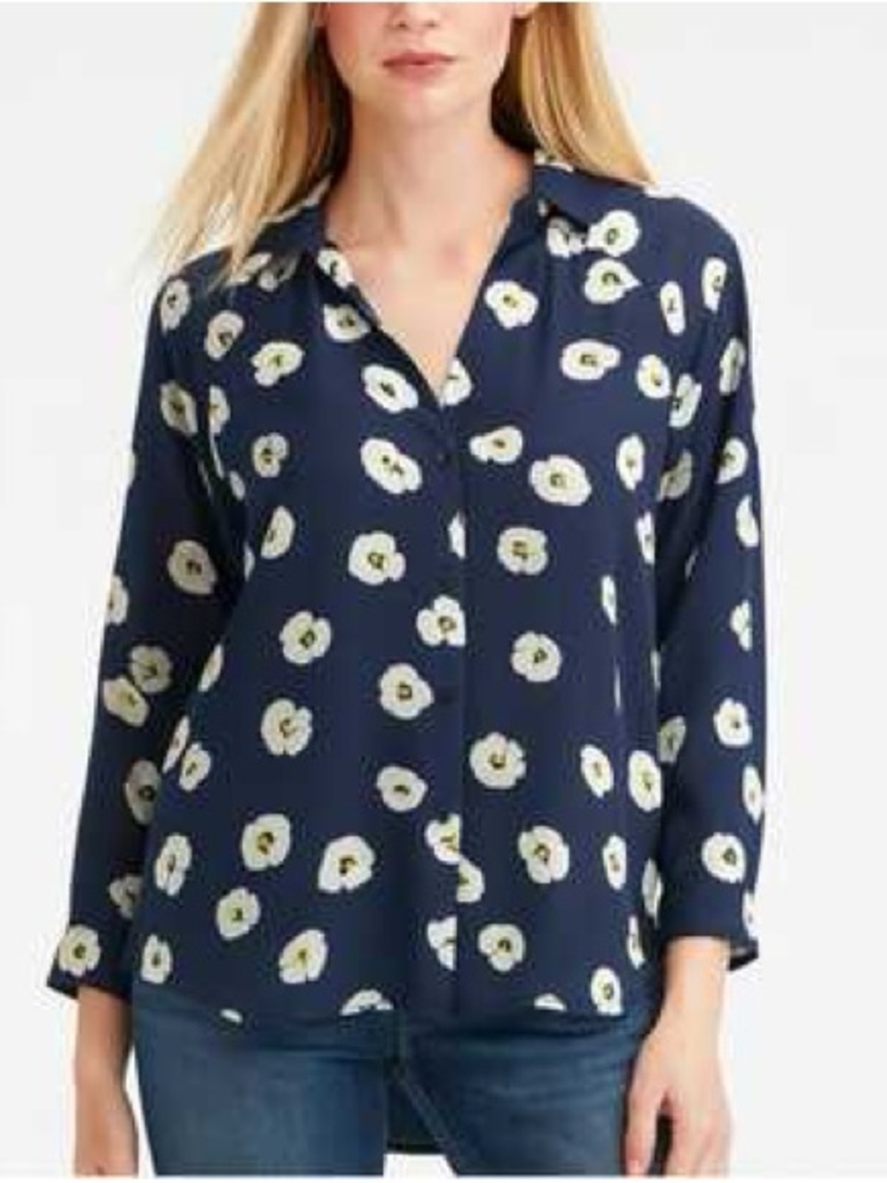 Cabi Go To Button Up Blouse Sz XS-M Navy & White Floral Daisy 3/4 Sleeve